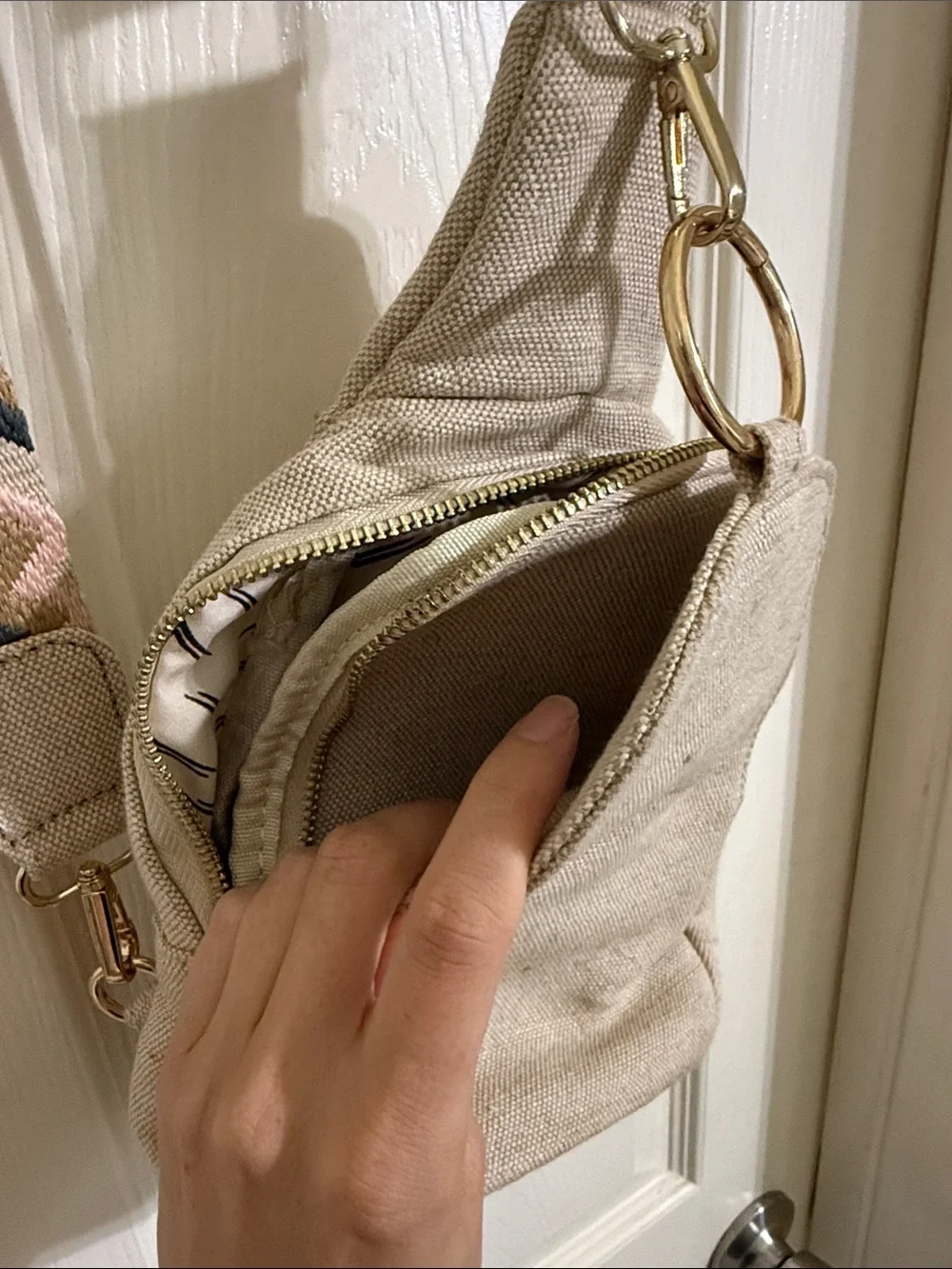 Neutral Canvas Crossbody Sling Bag with Patterned Strap total 3 big pockets
